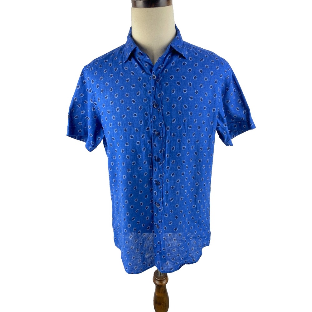 Rodd &‎ Gunn Mens L Sports Fit Linen Floral Button Knit Shirt Polka Dot Blue